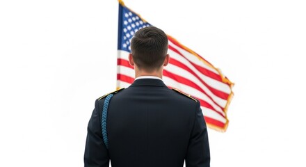 Close-up of British guard’s back, focus on uniform details—epaulettes, gold buttons, bearskin texture, white background.