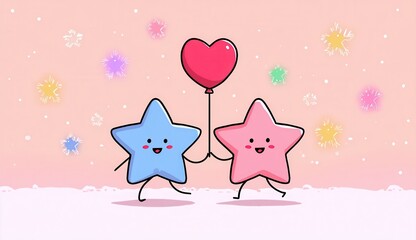 Two cartoon stars holding hands, walking, with a red heart balloon