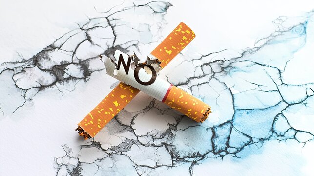 A broken cigarette with the word 'NO' written on it, placed on a cracked blue and white surface. The image symbolizes anti-smoking and health awareness.