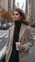 Obraz premium Woman in the city with coffee in hand, cityscape, stylish clothes, modern lifestyle, useful for advertising fashion and urban lifestyle.