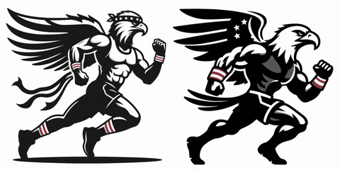 Fototapeta premium bald eagle jogging with patriotic sweatband. Independence Day 4th of July American Flag Patriotism Usa America Clipart Line Art Vector Illustration. national bird running headwear theme.