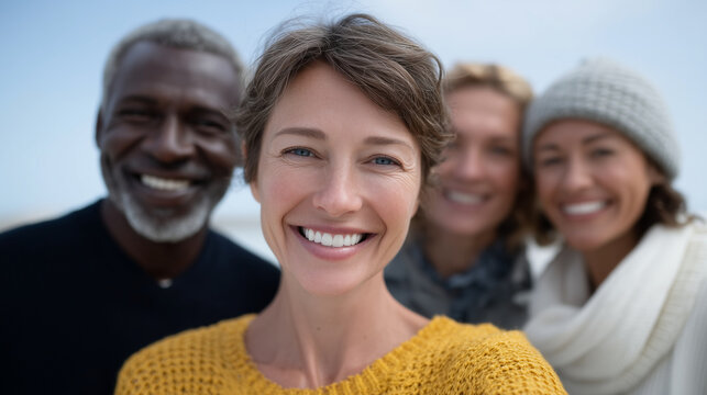 United in Diversity: A Smiling Group Under a Blue Sky