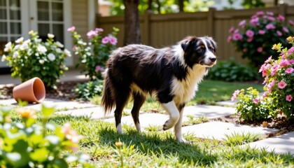 Naklejka premium Beautiful Border Collie dog standing in a lush garden surrounded by colorful blooming flowers and vibrant greenery du daytime