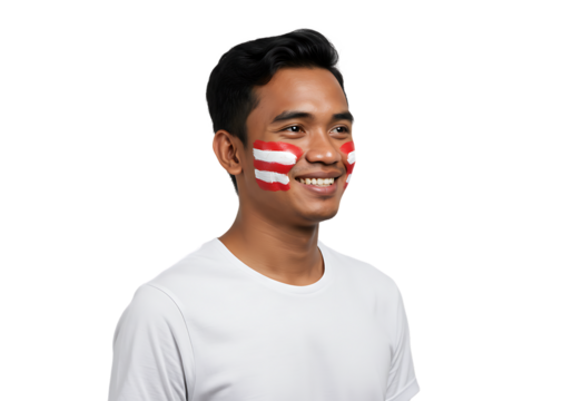 Man smiling with red-white face painting