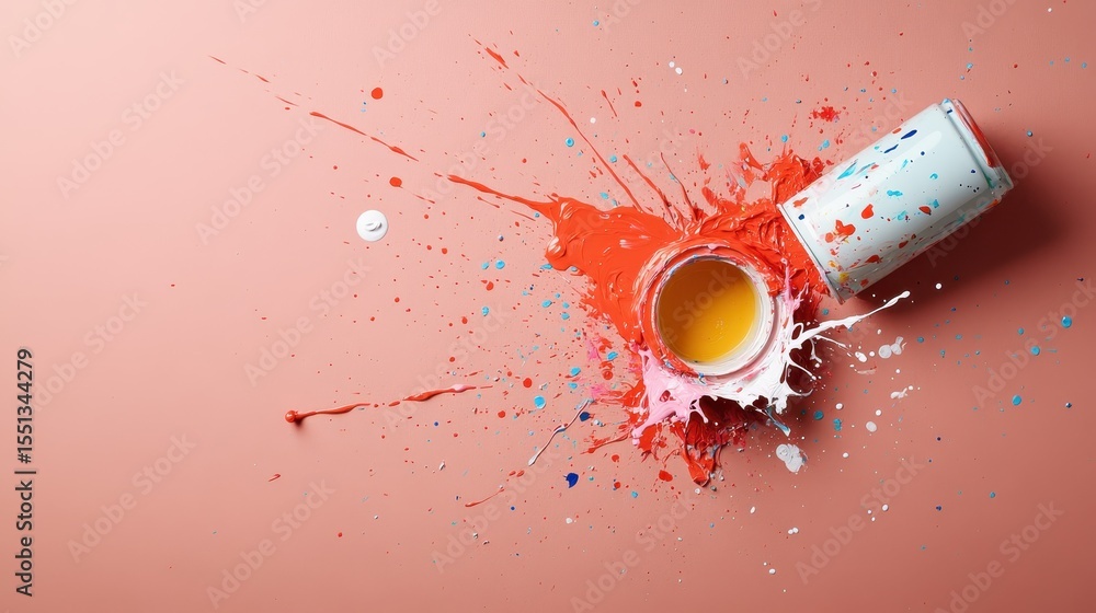 Poster an artistic arrangement showcasing a burst of bright paint and splashes, creating a vibrant visual e
