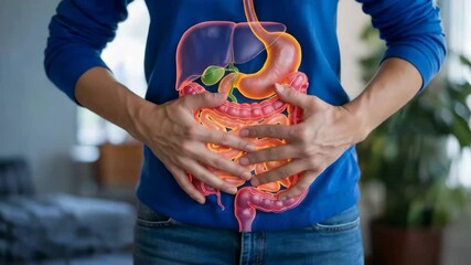 Visualize the human digestive system including the stomach, liver, intestines, and colon displayed against a person in casual clothing showing the human anatomy.