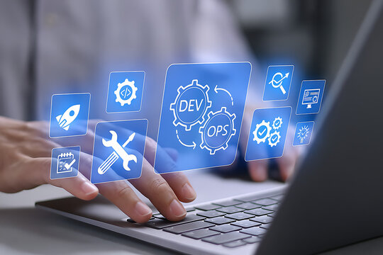 Person Working on Laptop with Floating DevOps Icons &ndash; CI/CD, Deployment, and Development Tools Visualization,DevOps, CI/CD, software deployment, continuous integration, development operations, 
