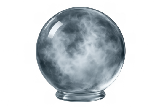 Swirling smoke trapped inside translucent glass sphere, creating mysterious visual effect on clear background for creative digital compositions