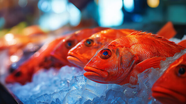 Side view closeup of fresh red snapper fish on ice at seafood market stall