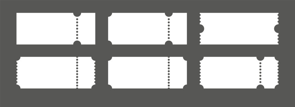 Ticket blank set with ruffled edges and subtle shadows. Vector mockups for cinema, concert, flight boarding pass, or event coupon.