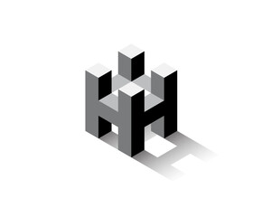 Grayscale Isometric 3D Impossible Shape of letter H Monogram Logo with Shadow