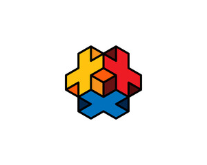 Simple 3d Colorful and Grayscale Isometric X or Plus + Sing Cube Logo Design