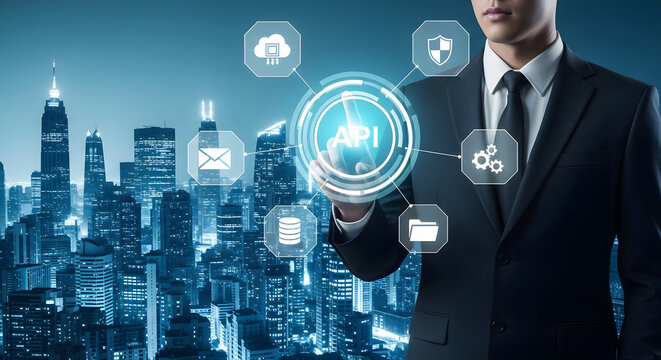 A businessman interacts with a futuristic API interface, showcasing cloud, security, email, and database icons against a city skyline at night.  The image represents modern API integration and digital