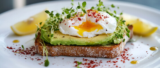 Poached Egg on Avocado Toast with Microgreens and Lemon Garnish