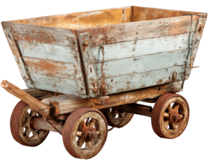 Old mining cart wooden body rusty metal wheels isolated on transparency background vintage industrial object weathered texture historical equipment nostalgic mood