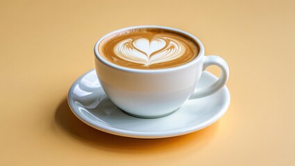 Latte Art: Heart Design in White Cup on Beige Background; Warm, Serene Coffee Image