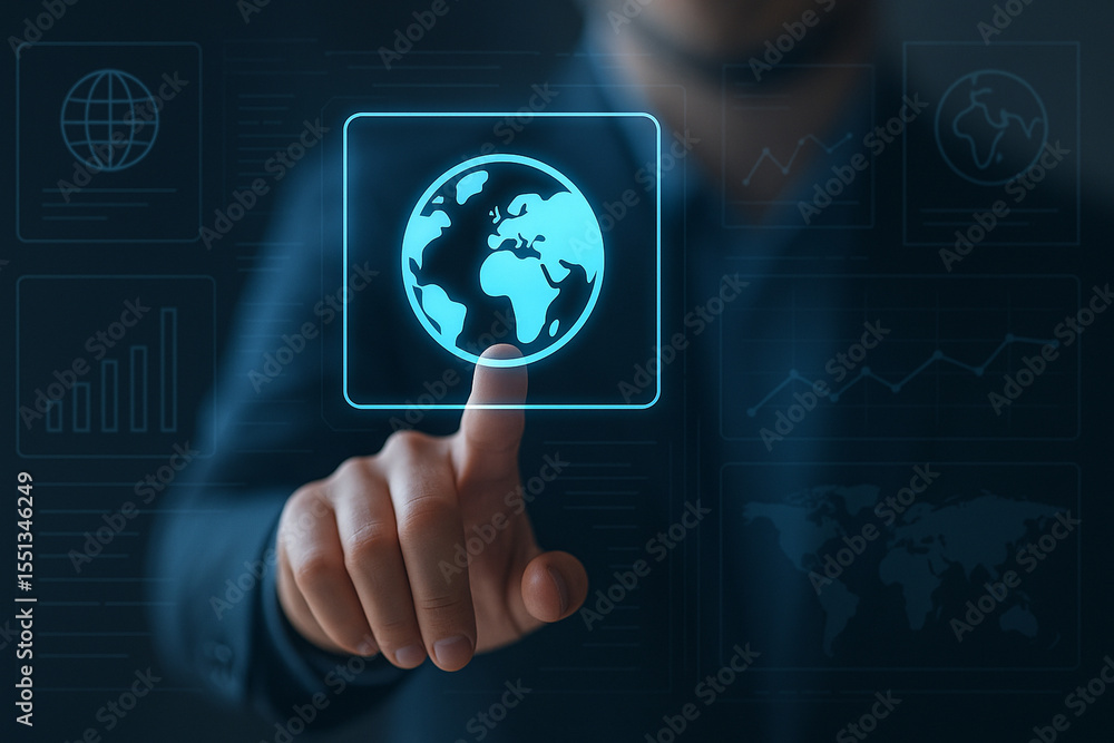 Poster futuristic digital globe interface with hand touch interaction, global data technology concept, holo