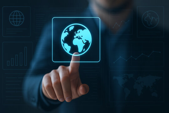 Futuristic digital globe interface with hand touch interaction, global data technology concept, holographic UI design for commercial use - Powered by Adobe