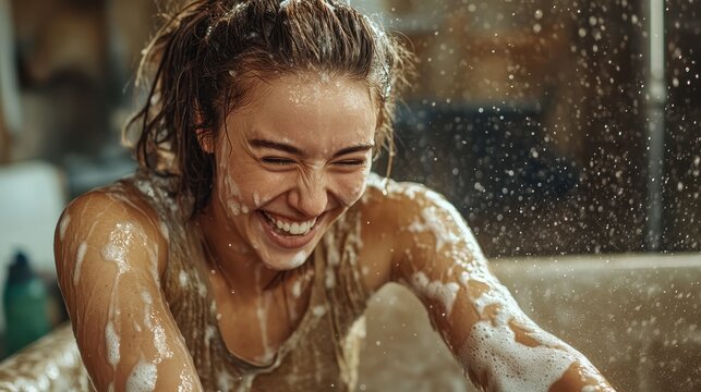 This vibrant image captures a playful woman laughing joyfully while engaging in a bubbly soap bath, radiating happiness and carefree spirit in a lively, homey environment. - Powered by Adobe