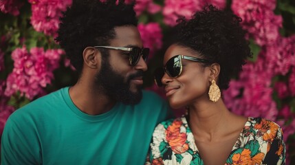 A joyful couple sharing an intimate moment amidst vibrant floral backgrounds, showcasing connection, love, and the beauty of companionship in a warm and charming setting.