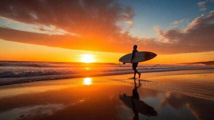 Silhouette of a surfer holding a board at sunset, captured from a low angle. The vibrant sky and reflection create a cinematic video feel.