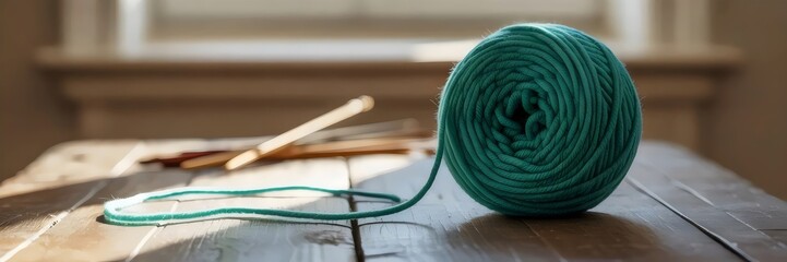 Emerald green yarn spiral on rustic wooden table – Perfect for craft tutorials, DIY visuals, or cozy lifestyle content