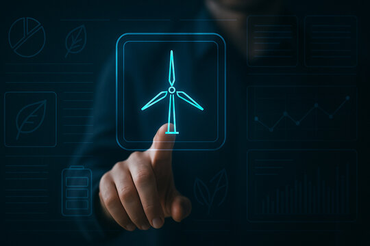 Futuristic hand interaction with glowing wind turbine icon in digital interface showcasing renewable energy technology and clean power data visualization