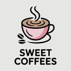 A pink coffee cup with steam and beans sweet coffees text
