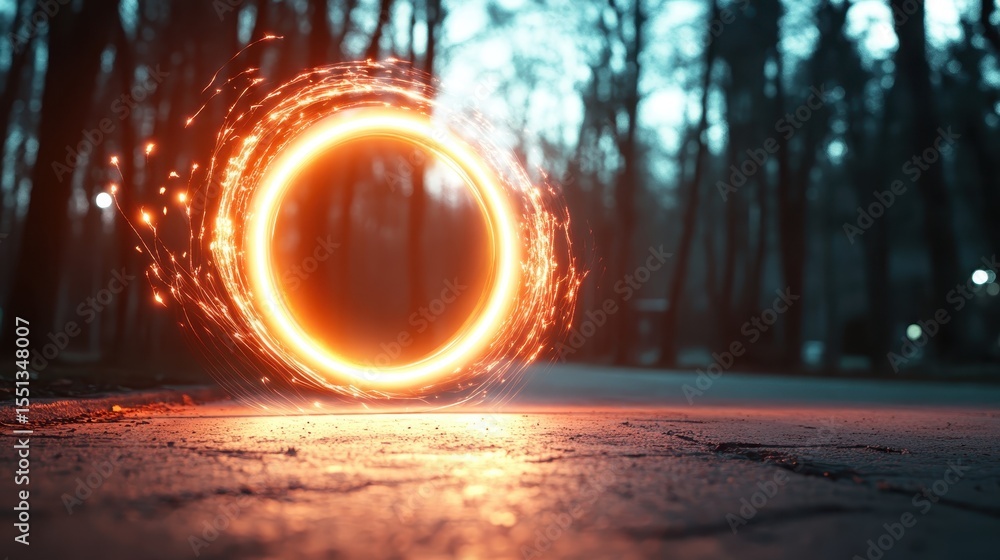 Poster an enchanting circular light effect in a serene forest setting creates a mystical atmosphere that en