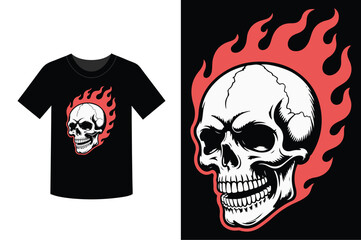 Black t shirt with a skull engulfed in red flames design