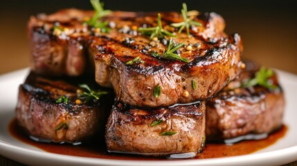 A mouthwatering presentation of grilled steak garnished with herbs evokes a sense of indulgence, appetite, and culinary artistry perfect for any gourmet food lover.