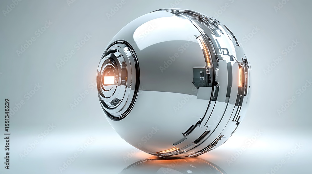 Aufkleber a futuristic chrome sphere with intricate detailing and a glowing core on a reflective surface