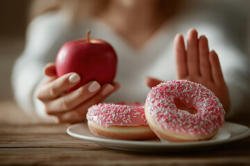 Close-up of a woman sitting at a wooden table, holding a red apple with her right hand, showing a stop gesture with her left hand facing a plate of two pink frosted donuts on the table