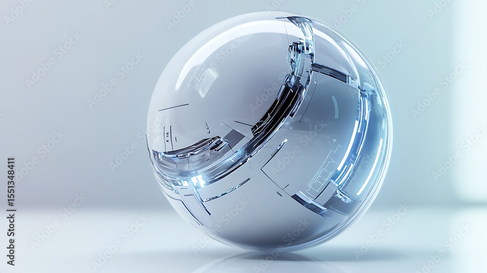 Aufkleber a futuristic sphere with intricate details and a glossy finish reflecting light in a studio setting
