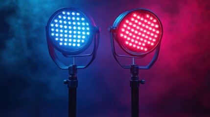 Two stage lights with blue and red LEDs illuminate a smoky background creating a vibrant and dynamic atmosphere ideal for performances concerts and parties