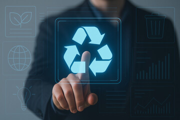Businessman Touching Glowing Recycle Icon on Futuristic Digital Interface with Environmental, Sustainability, and Eco Data Elements in Background
