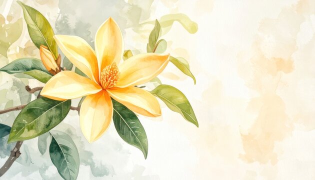 Watercolor champak flower, muted vintage colors, soft dreamy backdrop.
