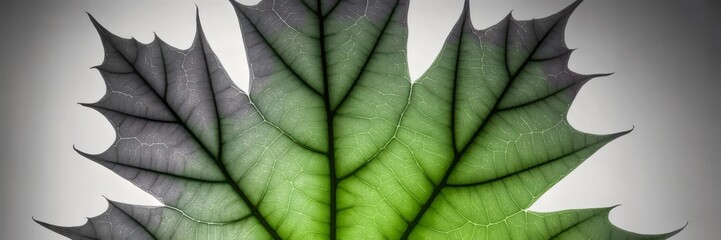 X-ray close-up of green maple leaf with intricate venation – Ideal for nature studies, scientific publications, or botanical illustrations