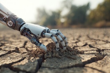 Robotic Hand Examines Parched Earth in Futuristic Technology Concept.