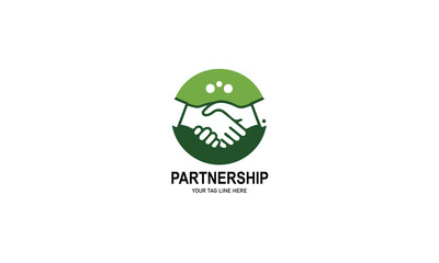 Friendly Partnership Logo Featuring a Handshake Within a Green Earth Sphere, Symbolizing Sustainable Collaboration, Environmental Business, and Global Trust