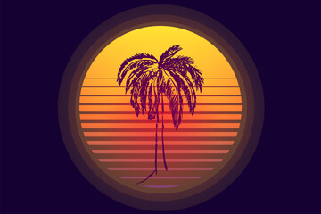 Obraz premium Retro vaporwave sun futuristic sunrise. Cyberpunk geometric planet. Synthwave vintage. Sun circle retrowave abstract.