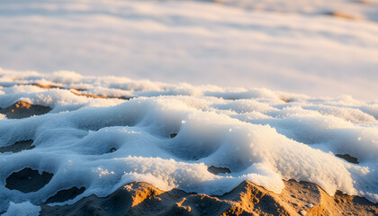 Snow-covered sand at sunset on a beach in winter  