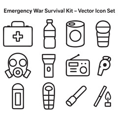 Emergency War Survival Kit Vector Icon Set – Minimal Line Art Essentials for Conflict and Disaster Preparedness