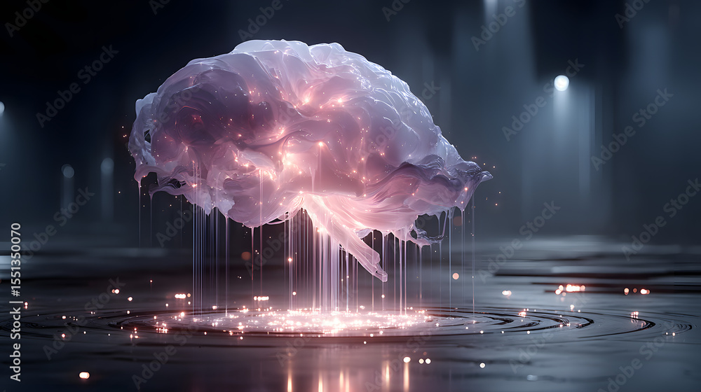 Poster glowing brain: abstract representation of a brain with glowing nodes and streams of light, set again