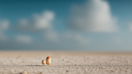 Obraz premium photorealistic ultraminimalist morning sky background featuring single childs toy resting on clean sand