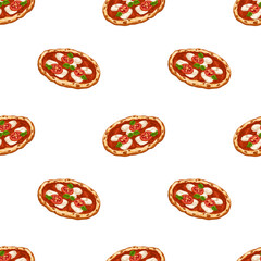 Margherita pizza vector seamless pattern with tomato topping, basil, melted mozzarella cheese. Cartoon fast food concept for menu, wrapping, packaging, kitchen prints isolated on white background