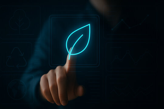 Futuristic touch interface with glowing blue leaf icon and environmental dashboard for eco-friendly technology, sustainability, data and innovation concepts - Powered by Adobe