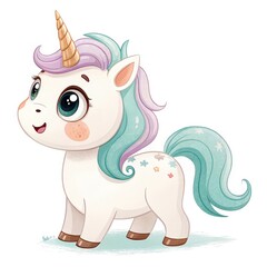 Charming Cartoon White Unicorn with Pastel Mane and Golden Horn on White