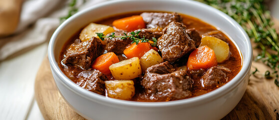 Hearty Beef Stew with Potatoes and Carrots in a White Bowl
