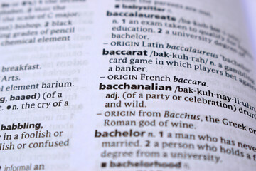 English Definition Dictionary Page Of Printed Word -  Bacchanalian Close Up